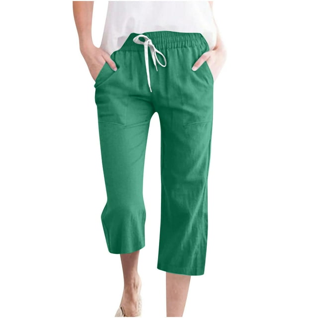 Timegard Capri Pants for Women Trendy Drawstring Elastic Waist Cropped Pants Straight Leg Solid Color Trousers with Pockets
