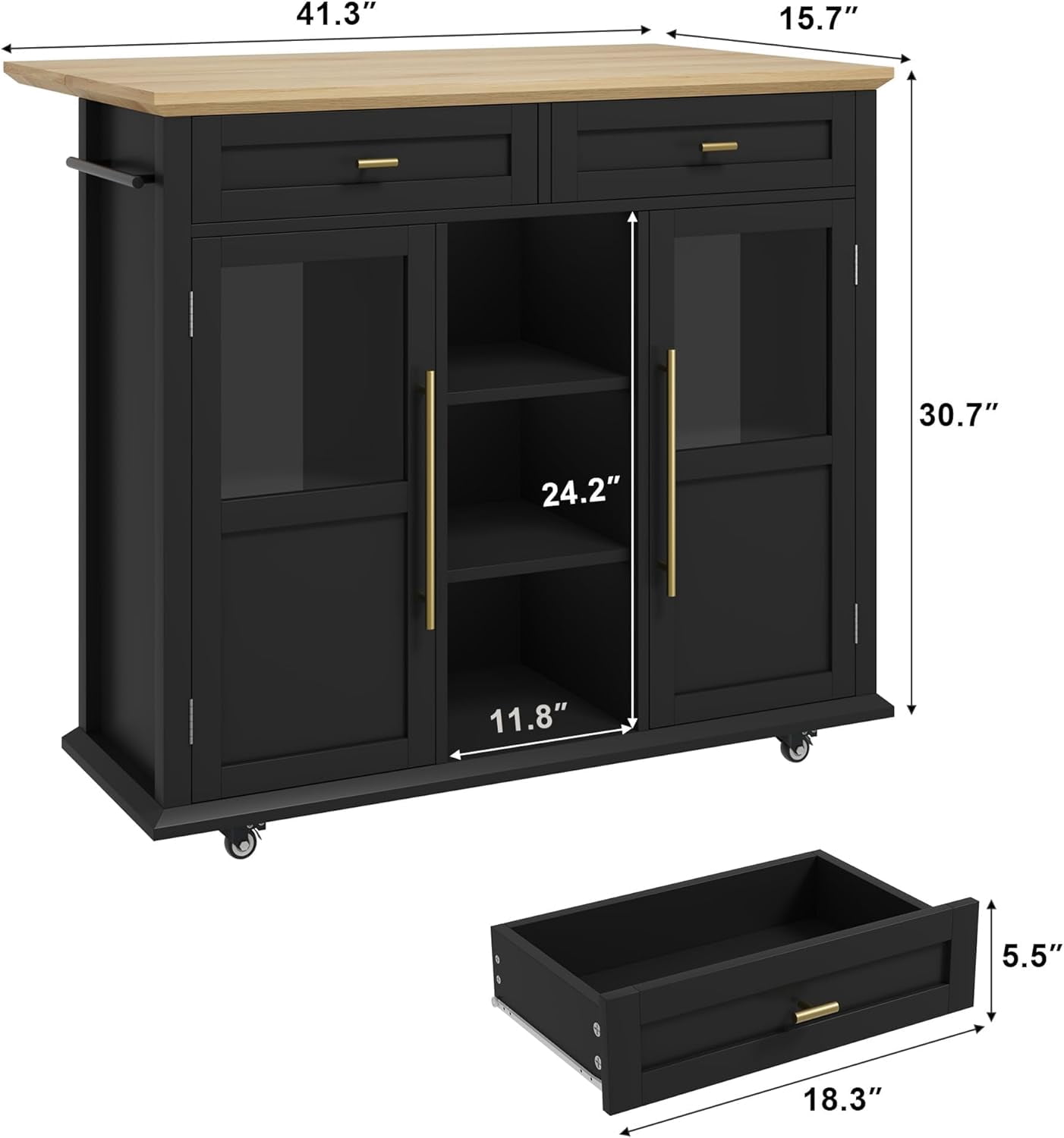 Rolling Kitchen Island Cart with Storage, Foldable Drop Leaf Top, 2 Glass-Door Cabinets, 2 Large Drawers, Spice Rack & Towel Bar, Mobile Kitchen Cart on Lockable Wheels, Black