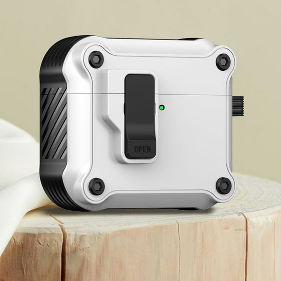 ELEHOLD for Airpods 4th Gen 2024 Case, Automatic Secure Lock Clip Full-Body Hard Shell Shockproof Protective Case with Keychain for Men Women for Airpods 4th Gen 2024,White