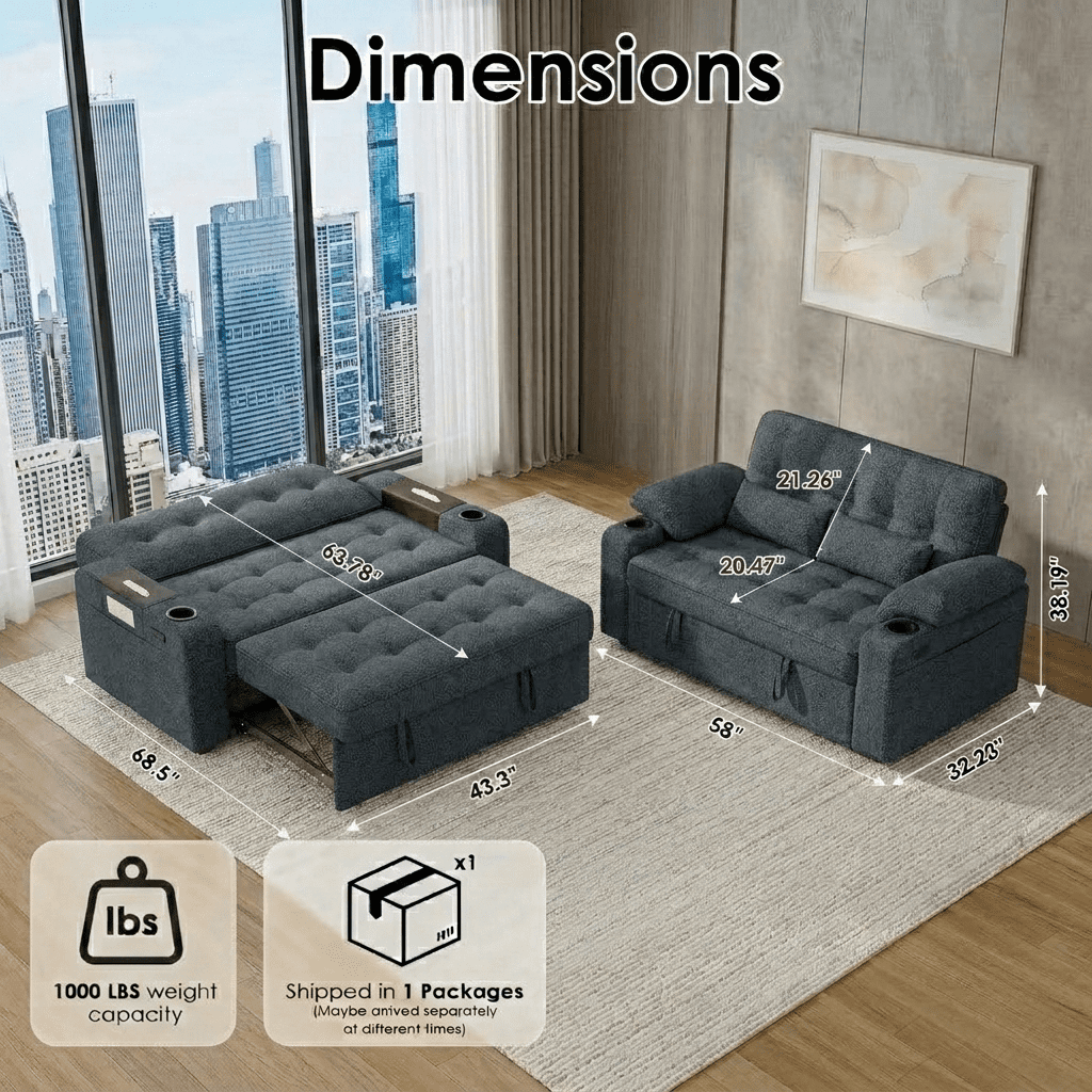 58" Convertible Sofa Bed Pull Out Couch Sleeper Loveseat with Teddy Fabric USB Charging Ports Adjustable Backrest Cup Holders and Side Pocket for Living Room Apartment Small Spaces,Dark Grey