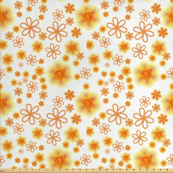 Floral Sofa Upholstery Fabric by the Yard, Doodle Composition with Vintage Inspirations Abstract Summer Design, Decorative Fabric for DIY and Home Accents, Vermilion Yellow White by Ambesonne