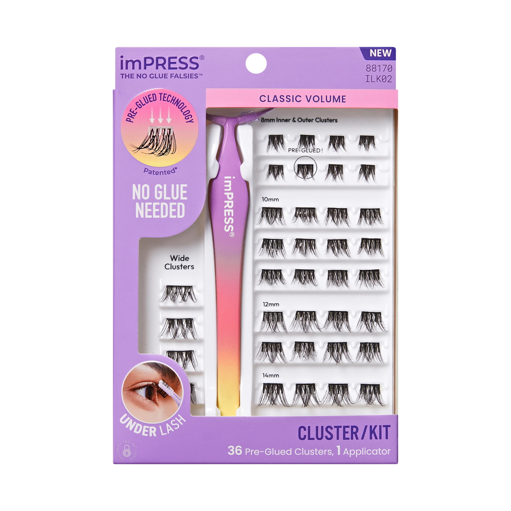 Kiss Impress Falsies Press On Self Adhesive Eyelashes, Classic Volume, 36 Lash Clusters