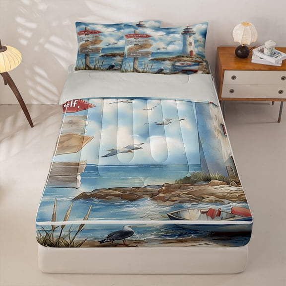 Manfei Watercolor Lighthouse Beach Zipper Twin Comforter Sets with Fitted Sheet and 2 Pillowcases for Kids Boys and Girls, Nautical Zipper Bedding Set, Gray Reversible, 4-Piece