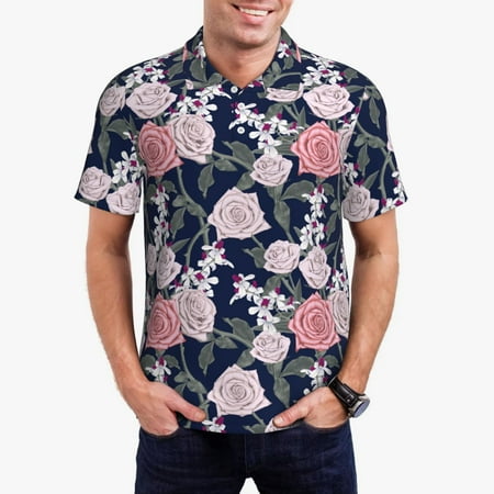 Goofa Rose Flowers Print Mens Polo Shirts Quick Dry Short Sleeve Golf T Shirt Performance Moisture Wicking Casual Workout-Medium