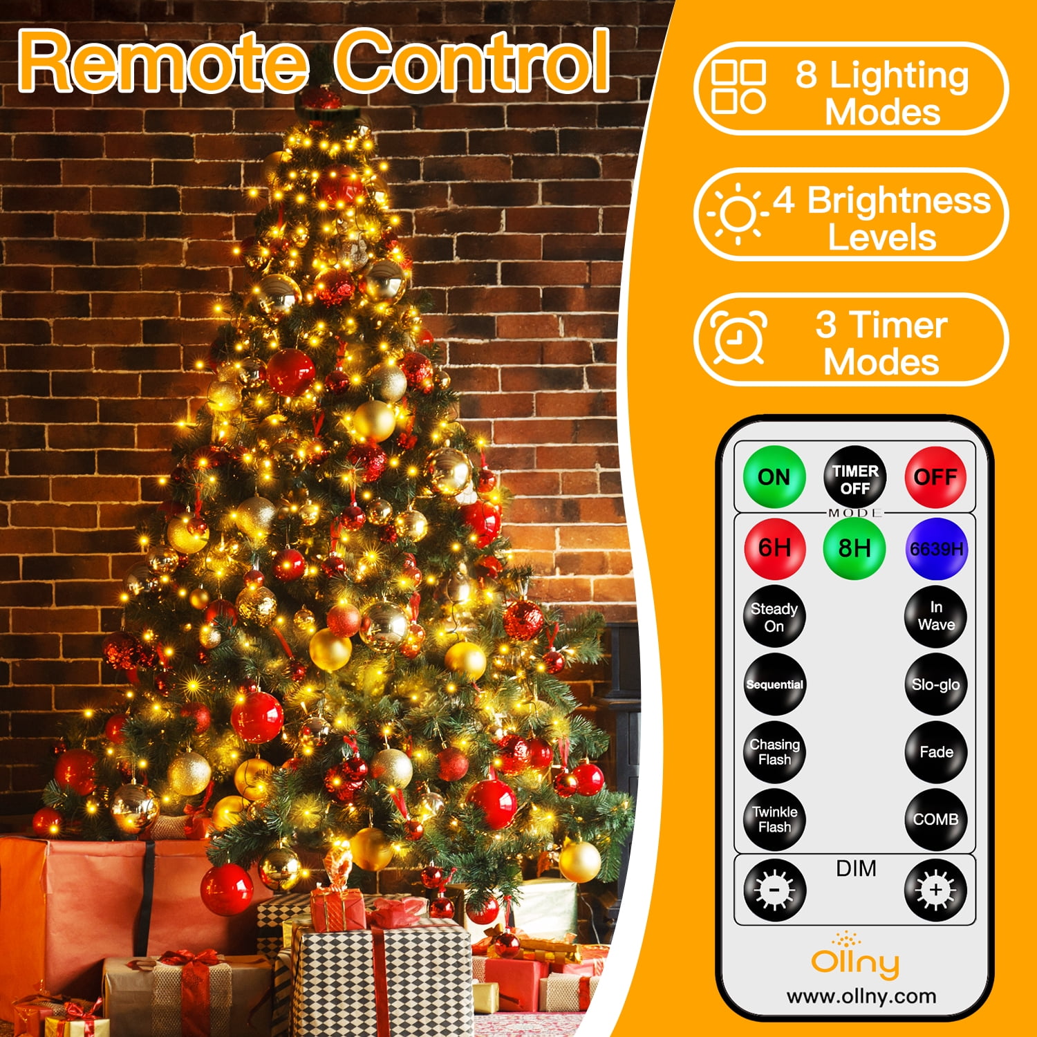 Ollny 400 LED Christmas Tree Lights with Remote Control, 8 Lighting Modes Waterproof Indoor Outdoor Christmas Lights for Decorations, Warm-white