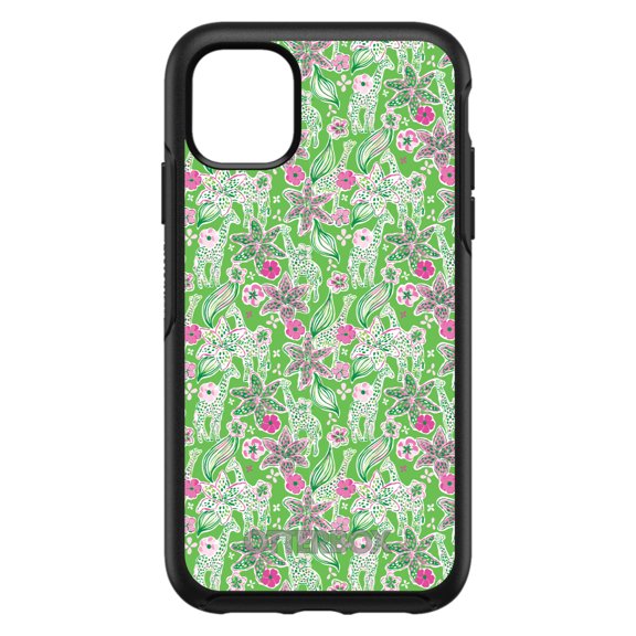 DistinctInk OtterBox Symmetry Custom Case for Apple iPhone 15 (6.1" Screen) - Pink & Green Flowers Floral - Shockproof Protection