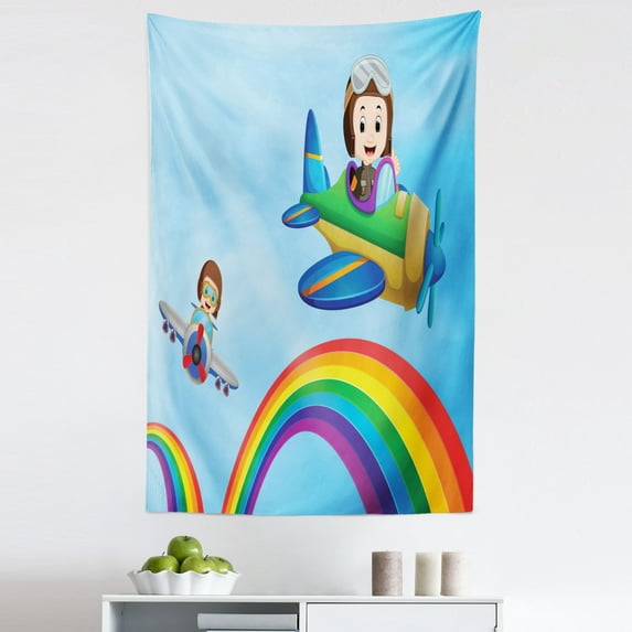 Airplane Tapestry, Funny Cartoon Design of Happy Pilots in Flying Vehicles over the Rainbow, Fabric Wall Hanging Decor for Bedroom Living Room Dorm, 5 Sizes, Sky Blue Multicolor, by Ambesonne