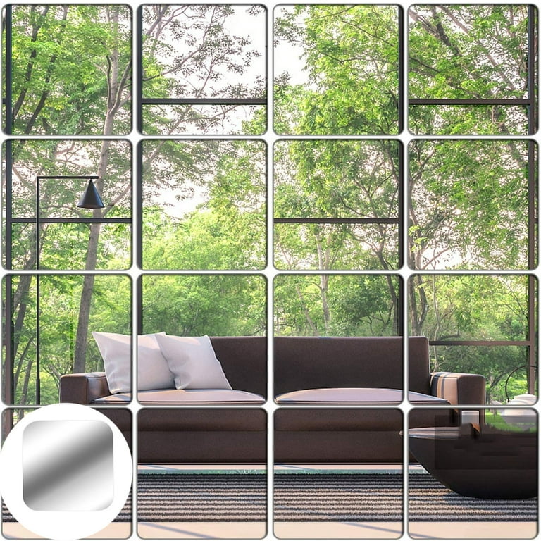 Lamoutor 32 Pieces Flexible Mirror Sheets Square Mirror Tiles Self-Adhesive Mirror Wall Stickers Plastic DIY Mirror for Home Decor
