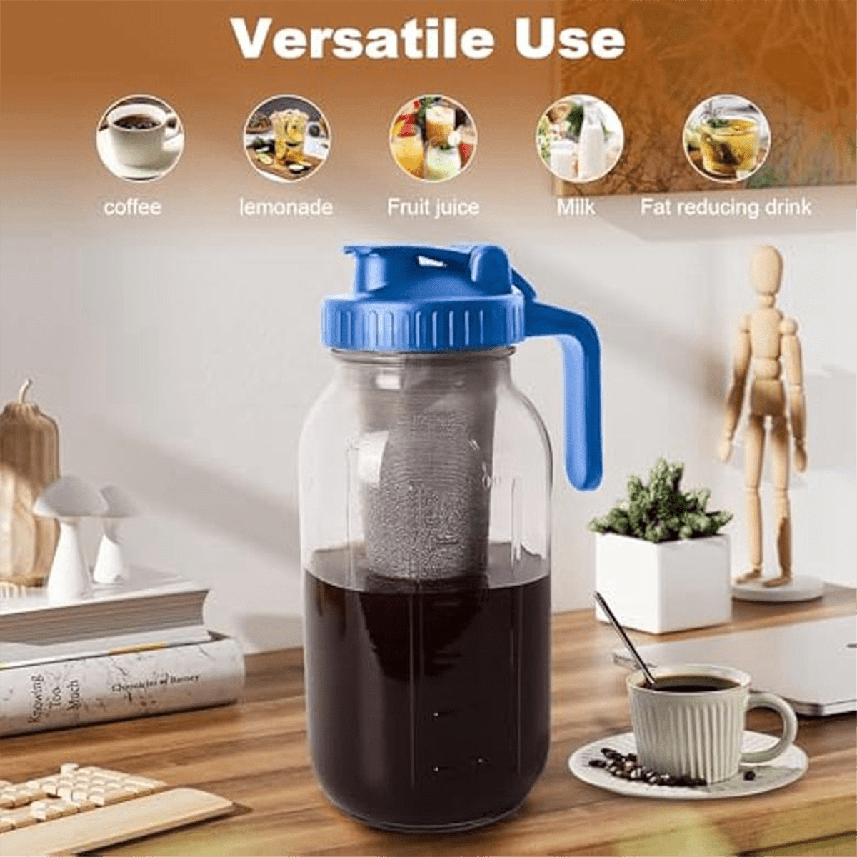 Cold Brew Coffee Maker,64oz Wide Mouth Jar Pitcher with Filter,Pour Spout Handle Lid,Leak-Proof Pitcher Glass Blue