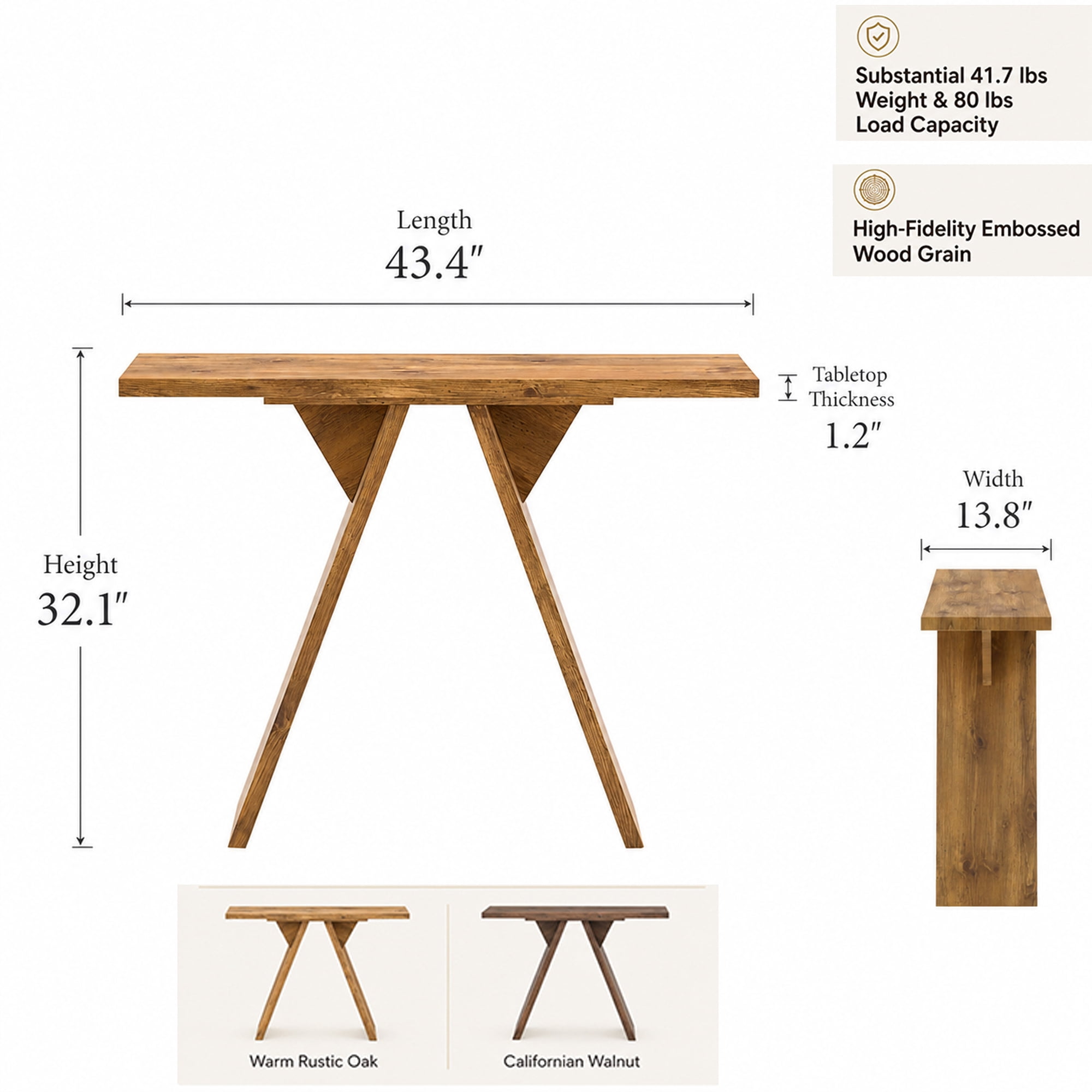 43.4-Inch Narrow Console Table with V-Shaped Base, Rustic Mid-Century Sofa Table and Entryway Hallway Table for Living Room, Natural Wood