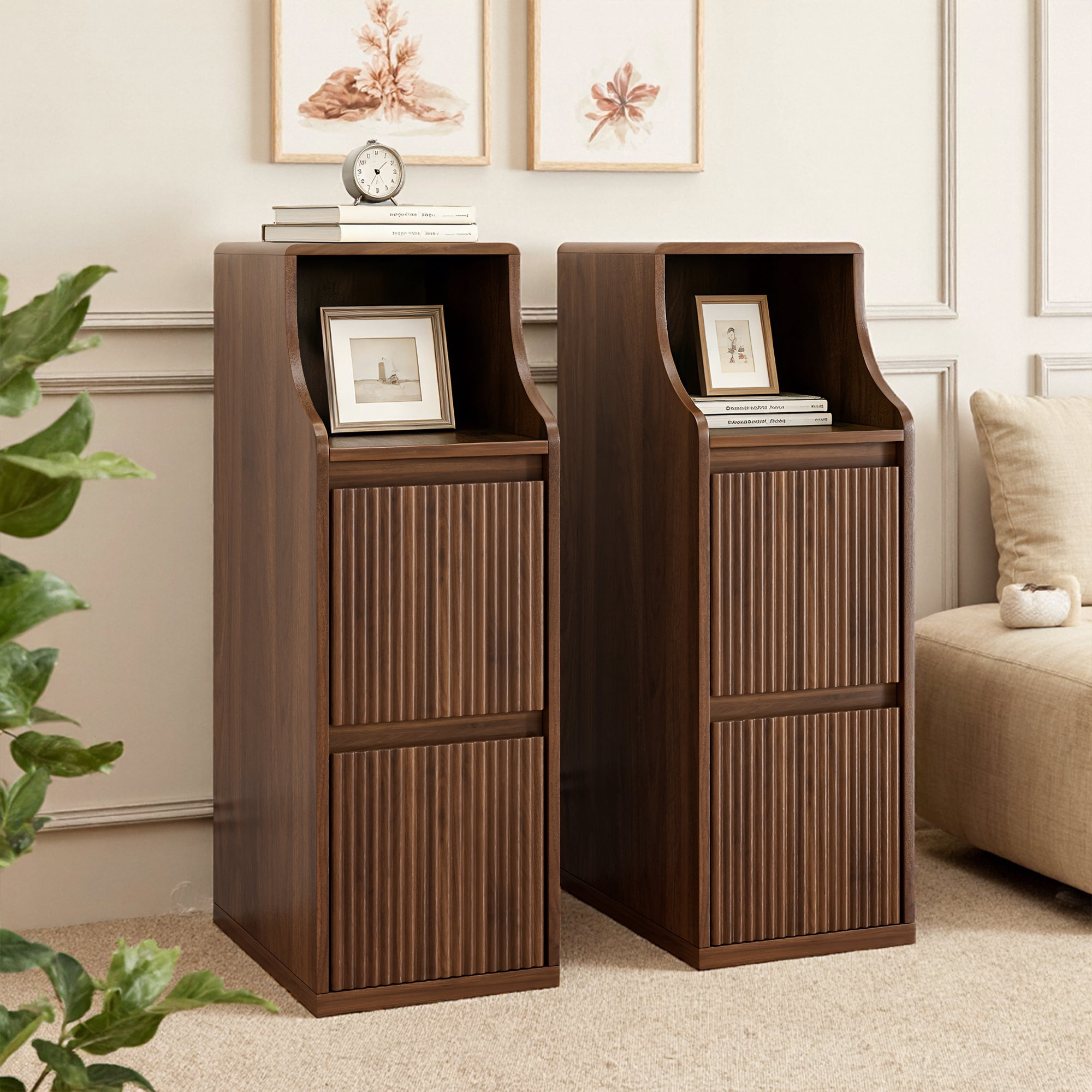 Fluted Narrow Nightstand Set of 2, Small 2 Drawer Nightstand, Skinny End Table, Mid Century Modern Night Stand for Living Room, Bedroom, Walnut