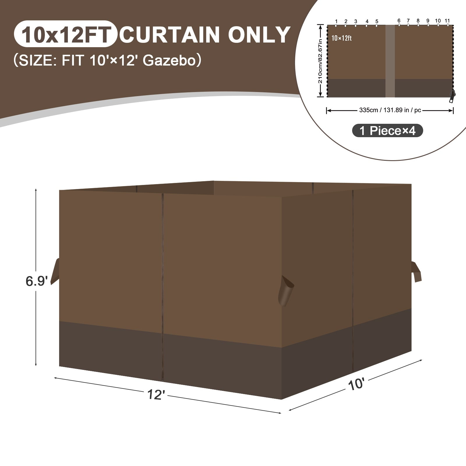 Aoodor 10' x 12' Gazebo Curtain Set Protecting Privacy Side Walls 4 Panels, Curtain Only - Brown and Coffee