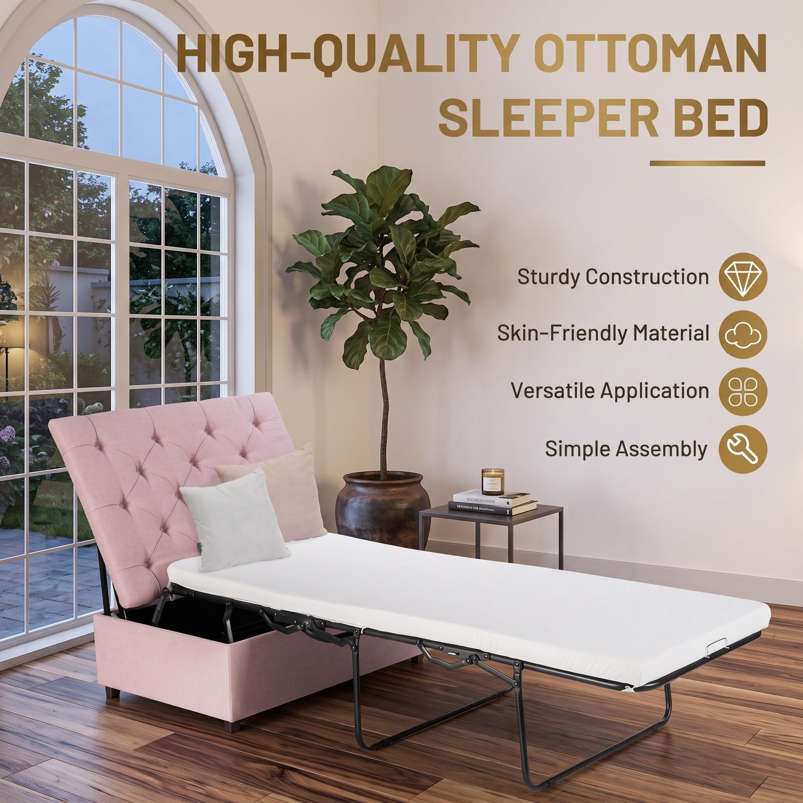 Furnibear Folding Bed Ottoman Sleeper with Mattress and Padded Storage Stool, Rollaway Bed Frame for Guest Room Office and Nap, Pink