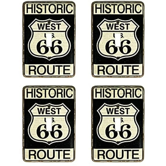 Urbalabs Route 66 Historic West Metal Tin Western Decorative Light Switch Outlet Wall Plate Covers Rustic Light Switch Covers Single Double 2 Gang Switch Plates (Pack of 4)