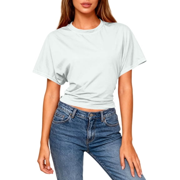 Vmvidoty Women Cute Slim Fit Cropped T-Shirts Short Sleeve Boxy Crewneck Summer Tee Shirts Basic Solid Workout Gym Tops White S