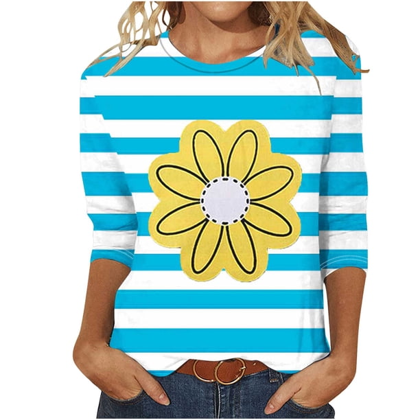Camisetas Casuales de las Mujeres de Moda Impresa 3/4 Mangas Blusa Cuello Redondo para el Hogar Y Diario