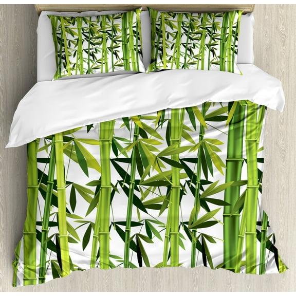 Bamboo Duvet Cover Set King Size, Fresh Green Plant with Leaves in Zen Garden Nature Growth Ecology Feng Shui Theme, Decorative 3 Piece Bedding Set with 2 Pillow Shams, Green White, by Ambesonne