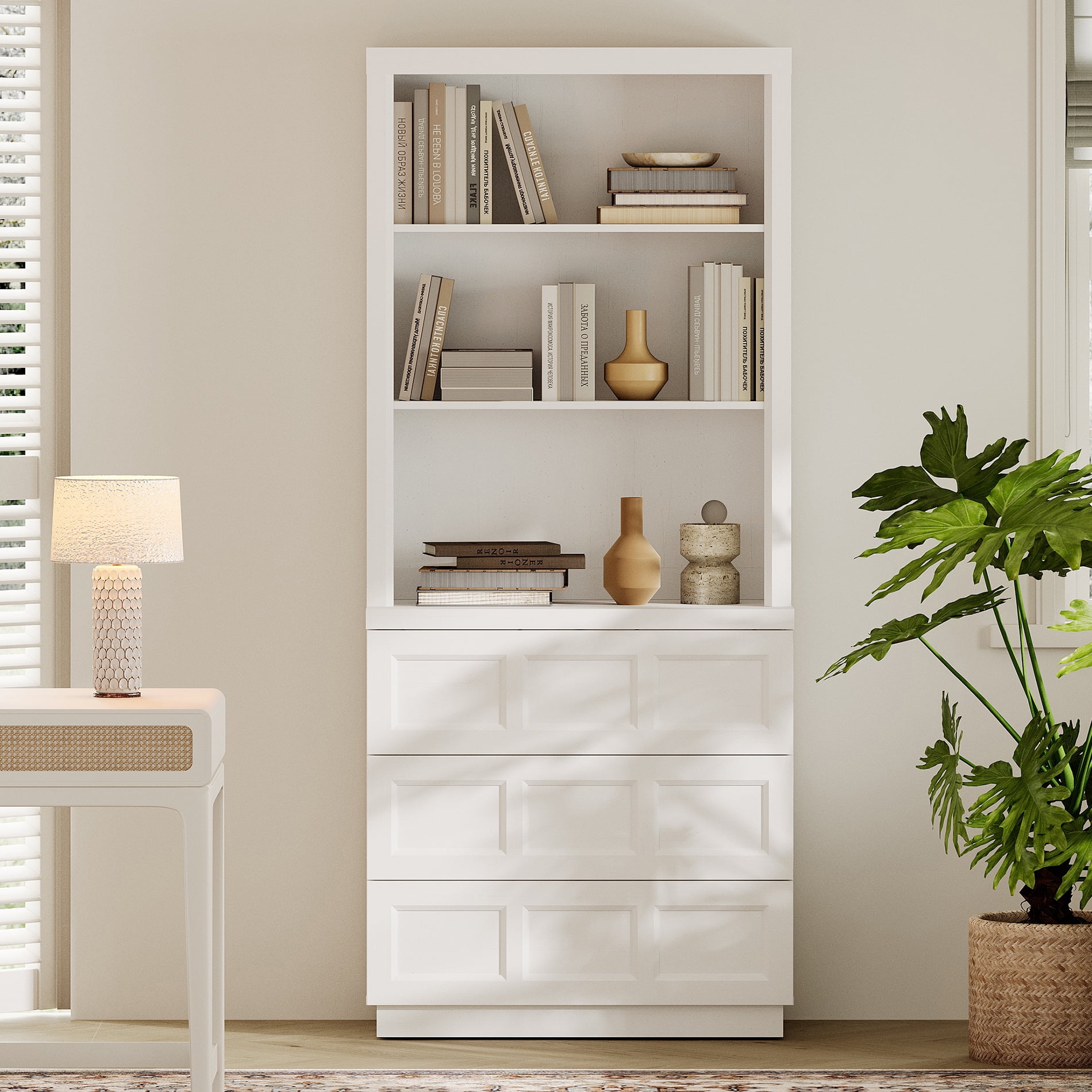 HOMOOI Integrated Bookcase,Boho Rustic Wood Grain Freestanding Book Shelf with Open Display Shelves & 3 Rebound Handle-Free Drawers, Anti-Wobble Bookcase for Living Room,Home Office,White