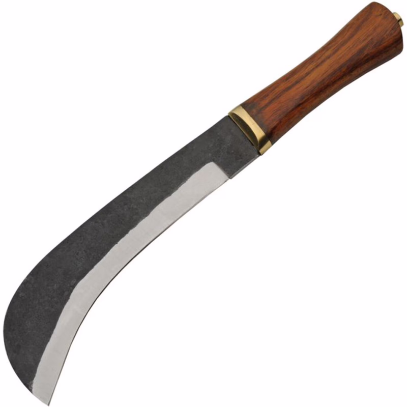 SZCO 15.5 Inch Hook Bushwhacker Knife Carbon Steel Blade Wood Handle Brass Guard Fixed Blade Hunting Knife With Leather Sheath Outdoor Tool