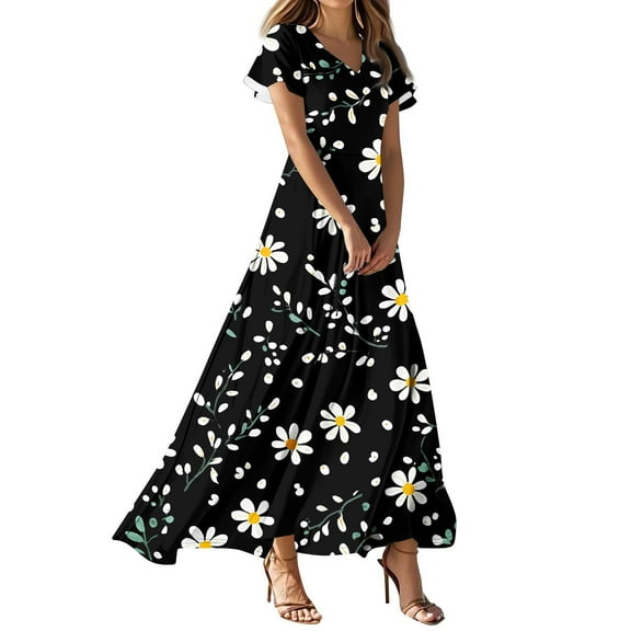 Women's Casual V-Neck Floral Print Midi Dress - Lightweight Short Sleeve Dress with Elastic Waist for Gardening, Travel, or Lounging,Black L