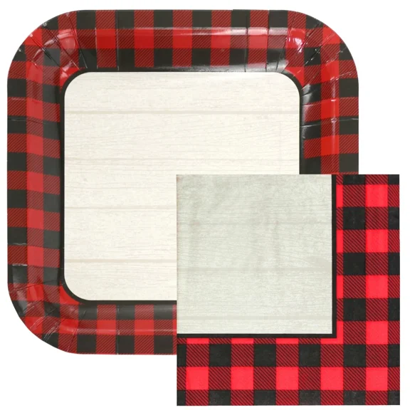 Iconikal Paper Party Pack, Woodgrain Buffalo Plaid, 40 Plates 60 Napkins