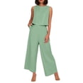 thumbnail image 1 of Conjunto de dos piezas de lino de color liso para mujer: top corto sin mangas con botones y pantalones de pierna ancha, tejido transpirable para el verano, 1 of 8
