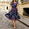 thumbnail image 6 of Xaqiouau Womens Floral Midi Dress Cap Sleeve Casual Summer A Line Dress Crew Neck Fit and Flare Belted Party Wedding Guest Dress, 6 of 9