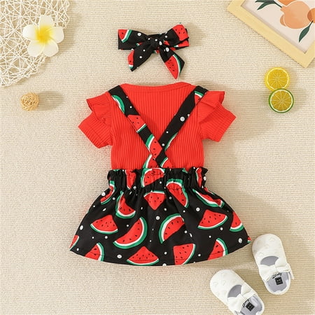 

dmqupv Little Girl Set Toddler Kids Girls Watermelon Short Sleeves Romper Skirt Hairband 3pcs Set Girl Baby Outfit Red 9-12 Months