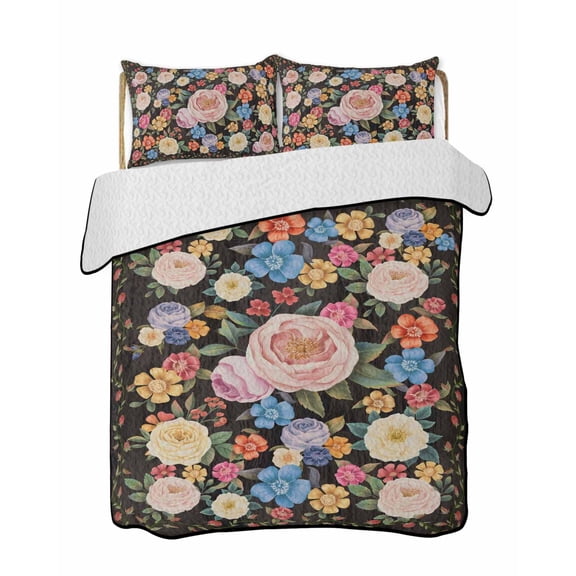 Full Size Quilt Bedding Set, Boho Pink Flower Reversible Summer Quilt 3 Pieces, Spring Watercolor Country Floral Plant Lightweight Bedspreads Coverlets with 2 Pillow Shams for All Seasons