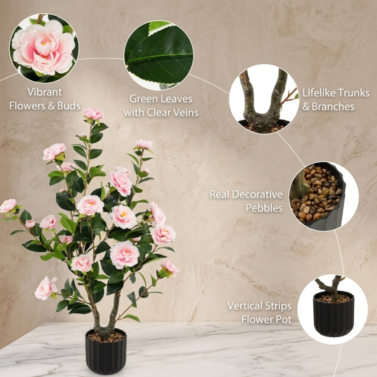Vebreda Artificial Plant Decor, 38 Inch Artificial Camellia Tree Faux Flower Plant in Cement Pot, Gorgeous and Vivid Appearance