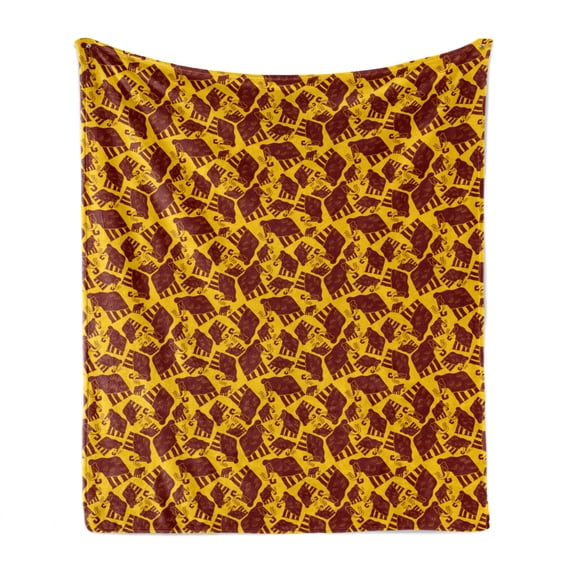 Animal Soft Flannel Fleece Throw Blanket, Prehistoric Creature Pattern with Giant Jurassic Mammoth Repetition, Cozy Plush for Indoor and Outdoor Use, 50" x 60", Earth Yellow Burgundy, by Ambesonne