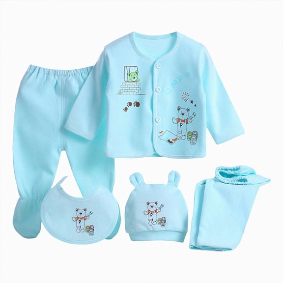 CAUYDY Newborn Girl Outfits Preemie Boy Pajamas Baby Layette Long Sleeved Shirt Warm Hat 2Pants Bib 5 Pieces Soft Set for Unisex Infant Fall Sizes 0-3 Months,Blue