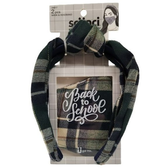 Scnci Back to School Headband & Face Mask Set  Green Navy Plaid