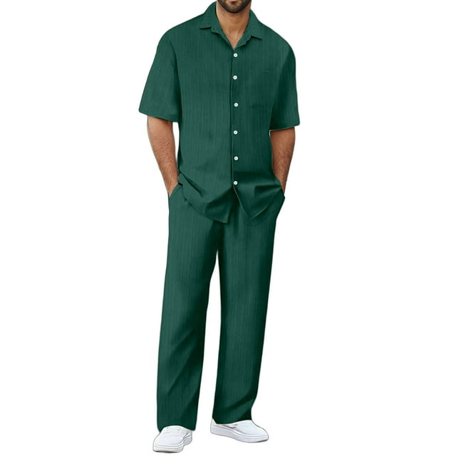 Ediodpoh Men's Suits Stylish Casual Set for Everyday Wear Sports Relaxation and Beach Activities Pure Color Design Comfortable Fit for Spring and Summer Seasons Mens Outfits Green L