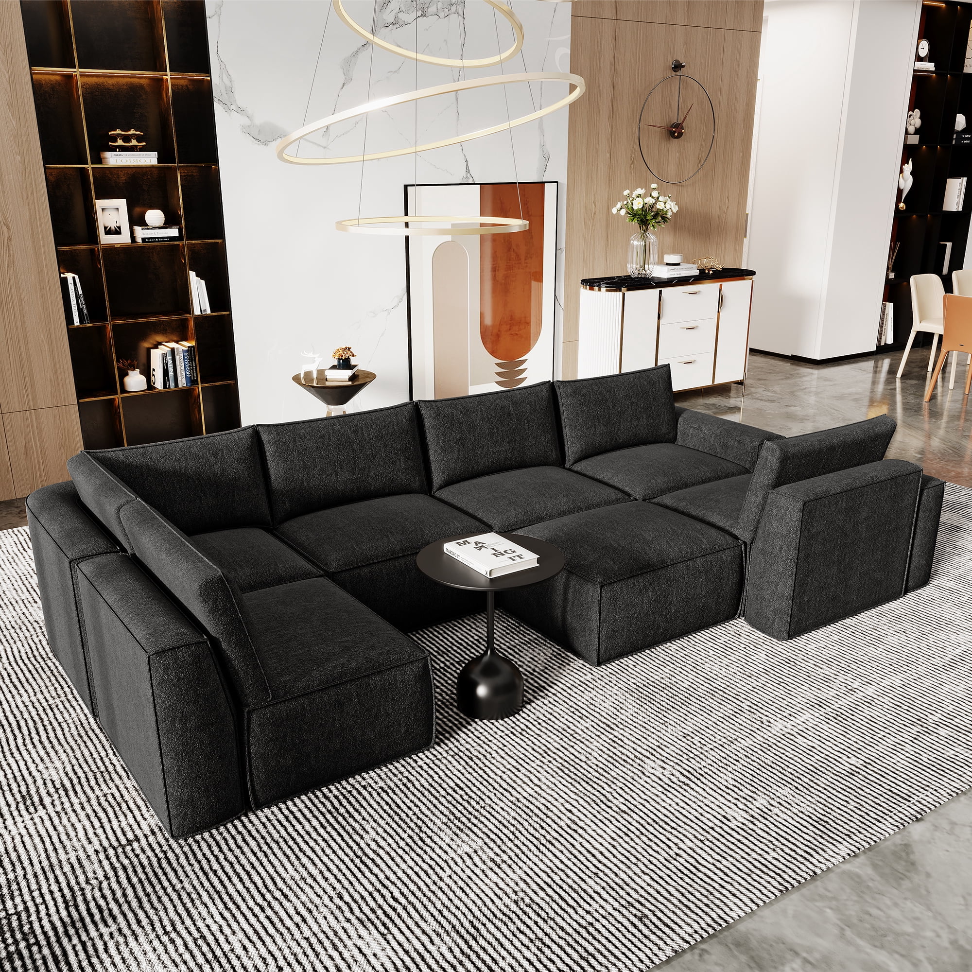175" Oversized Boneless Couch for Living Room, Neche Modern Modular Sectional, Convertible, U Shaped, Deep Seat, Big Comfy Sofa Set with Ottoman,Black
