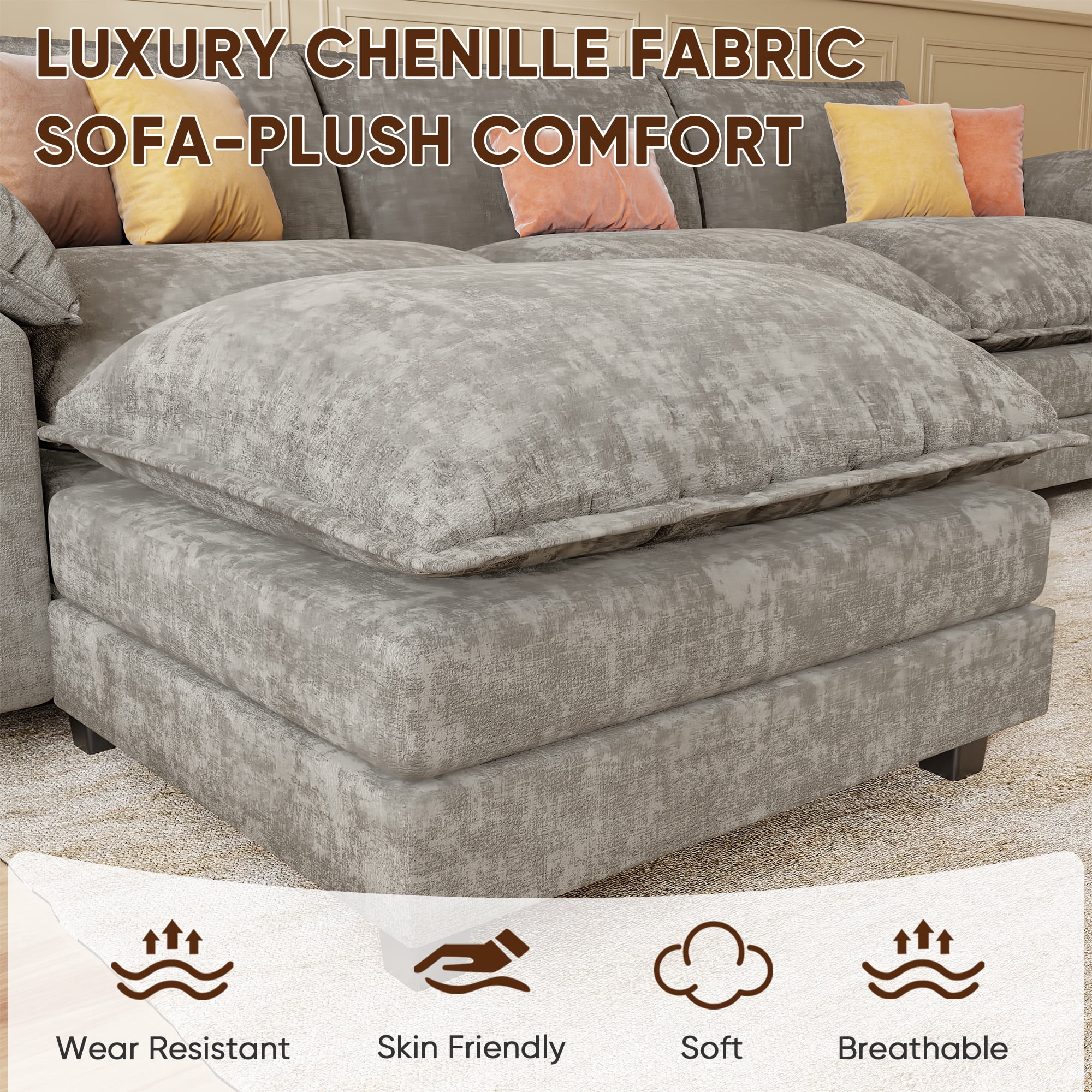Homall 3-seat L-shaped Cloud Couch Sectional Sofa with reversible toffee chair Movable Footrest Sofa, Gray
