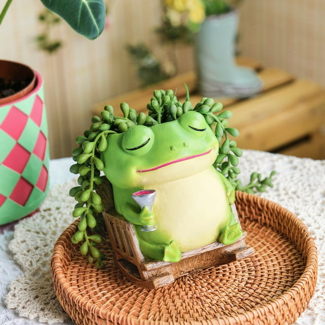 Quoowiit Cute Frog Plant Pots Indoor,Resin Small Succulent Pots with Drainage Hole,Rocking Chair Planters for Outdoor Indoor Plants,Gift Ideas for Mother