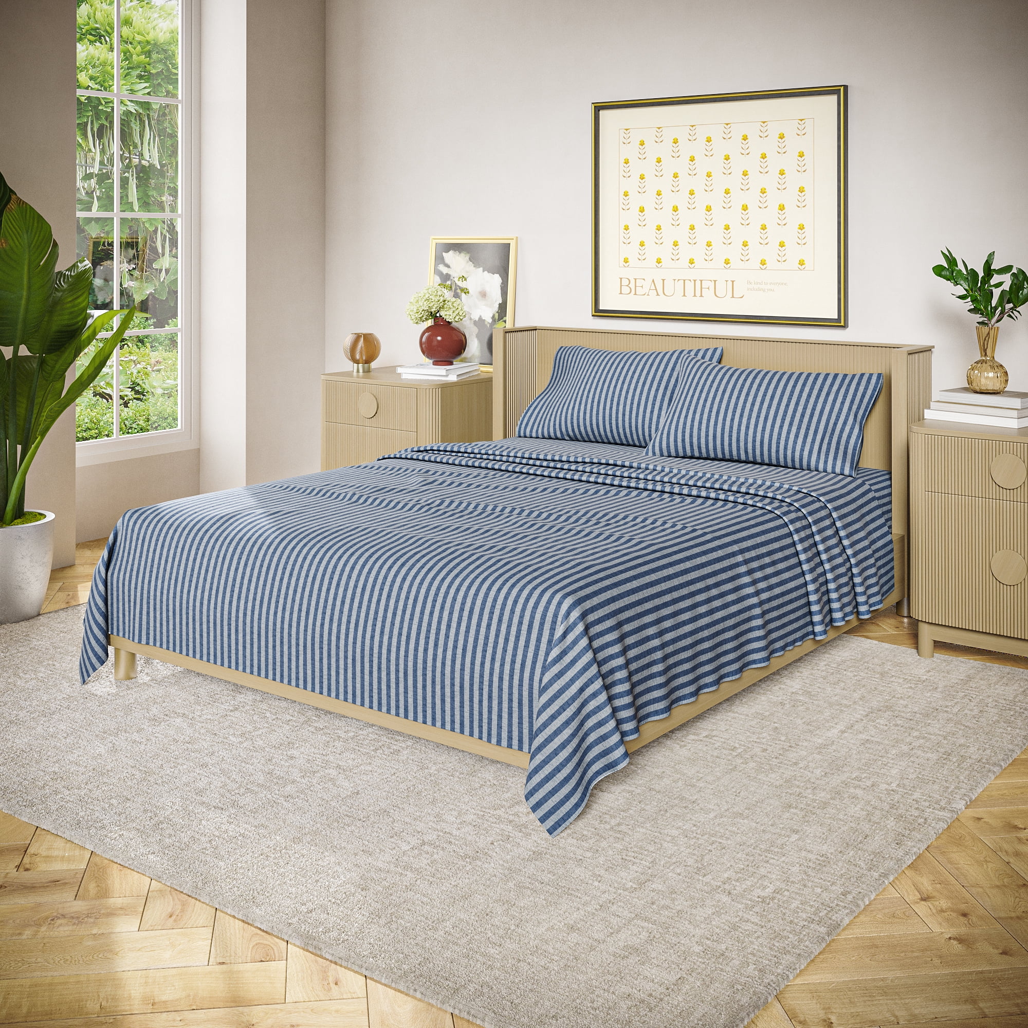 Beautiful Striped 3-Piece 100% Cotton Percale Starry Night Blue Sheet Set, Twin by Drew Barrymore