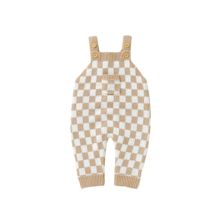 

Qtinghua Newborn Baby Girl Boy Knit Romper Checkerboard Plaids Print Sleeveless Suspender Knitted Jumpsuit Outfits Camel Color 6-12 Months
