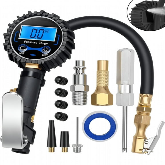 ZEPARO Digital Tire Pressure Gauge with Inflator - 3-250 PSI, 0.1 PSI Resolution, Heavy Duty Air Chuck, Rubber Hose, Quick Connect Coupler for Cars, Trucks, and SUVs