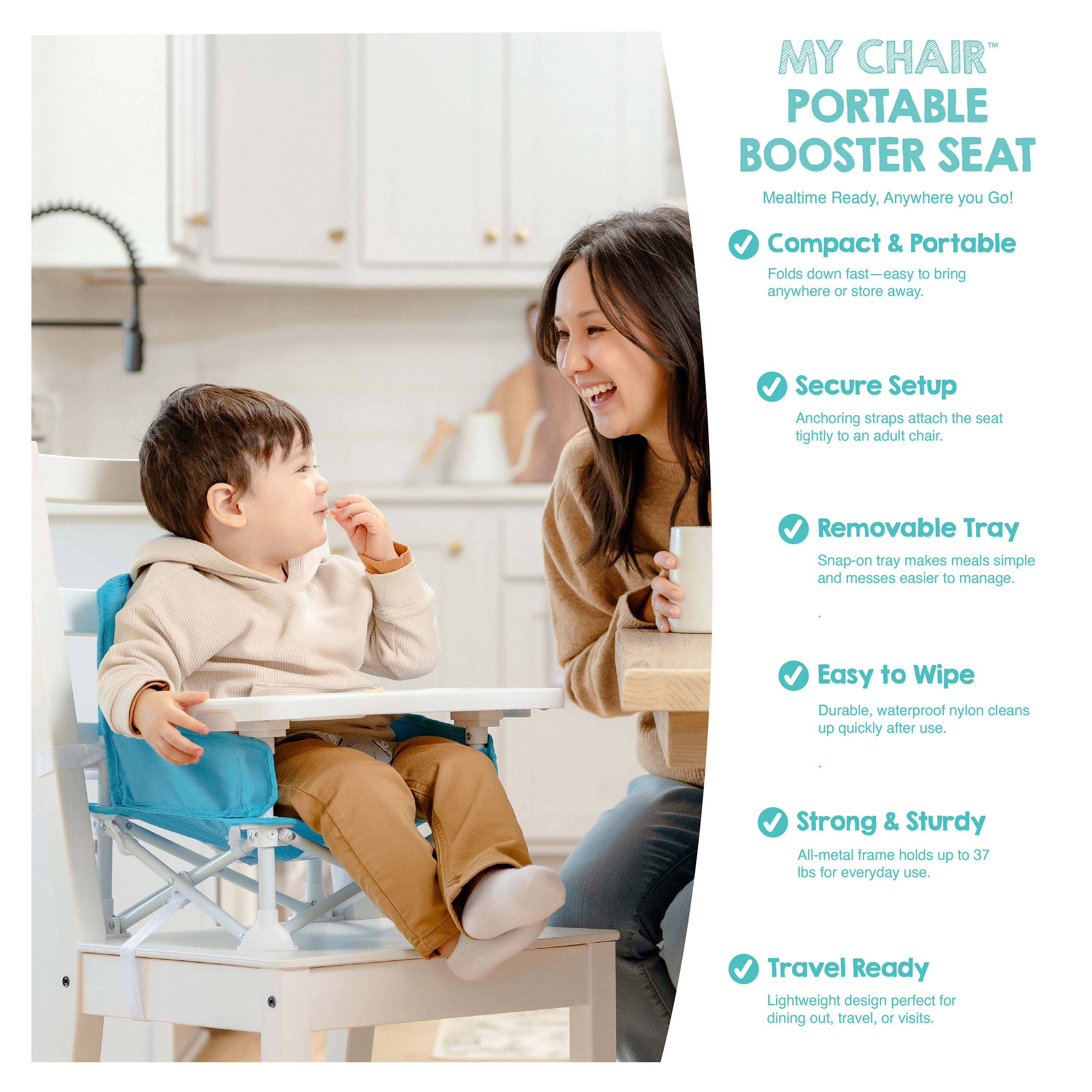 Regalo My Chair Portable Booster Seat with Tray, Aqua Blue, For Ages 9 to 36 Months
