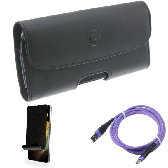 Privacy Screen Protector & 10ft USB Cable & Case Belt Clip for Samsung Galaxy S22 Plus (S22 ) - Combo TPU Film (Fingerprint) Anti-Peep & Purple Type-C Charger Cord & Leather Holster Cover