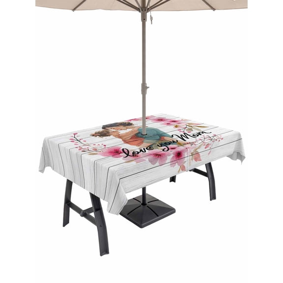 Outdoor Tablecloth with Umbrella Hole for Patio/Picnic/Party/Camping, Mother's Day Waterproof Table Cloth Rectangle Table Cover Washable, Love Watercolor Pink Flowers Gray Wood (60"x 120")