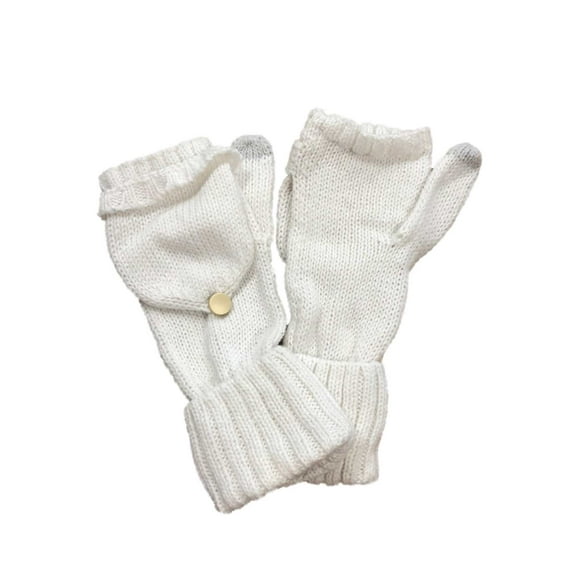 Womens Soft White Cuffed Knit Fingerless Flip Top Convertible Gloves Mittens