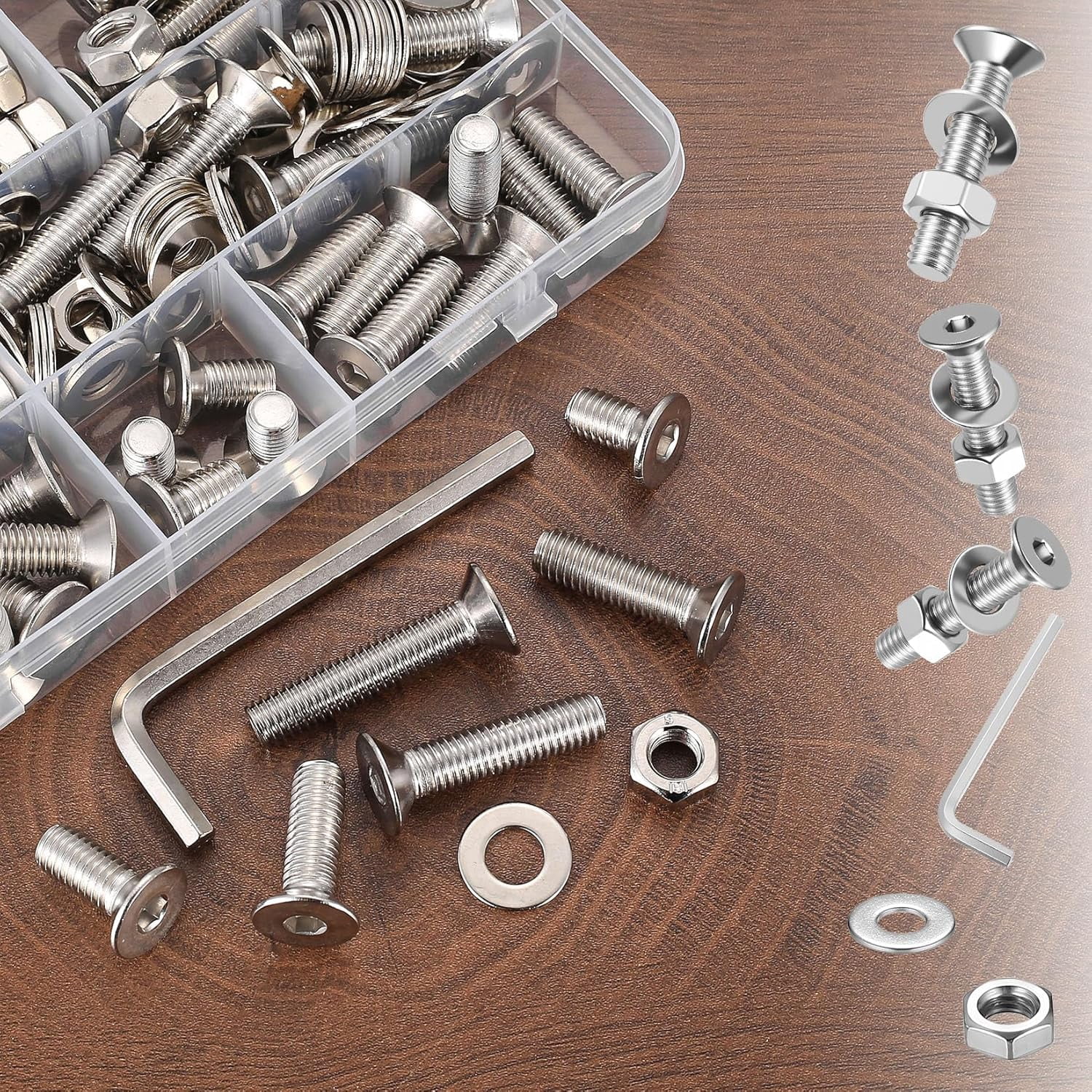 M3M4M5M6M8 Screws Bolts Set, 155-1144 Pcs Hex Socket Flat Head Countersunk Assortment Kit, Machine Screws Nuts Washers with Allen Wrench for Electronics Furniture Repairs (Silver) (155pcs M8)