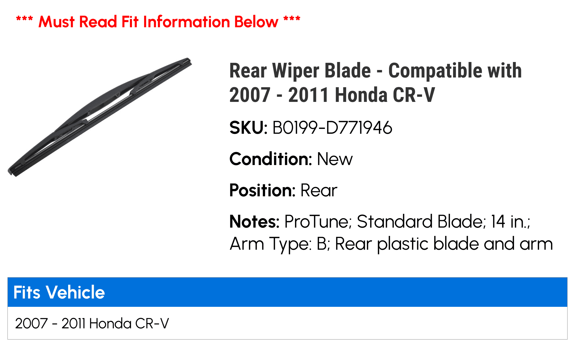 Rear Wiper Blade - Compatible with 2007 - 2011 Honda CR-V 2008 2009 2010