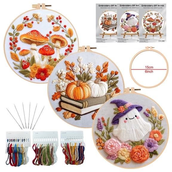 Feltsky 3 Pack Little Forest Series Embroidery Kits for New Year with 1 Hoop, Color Threads, Needles Craft for Beginners 6inch