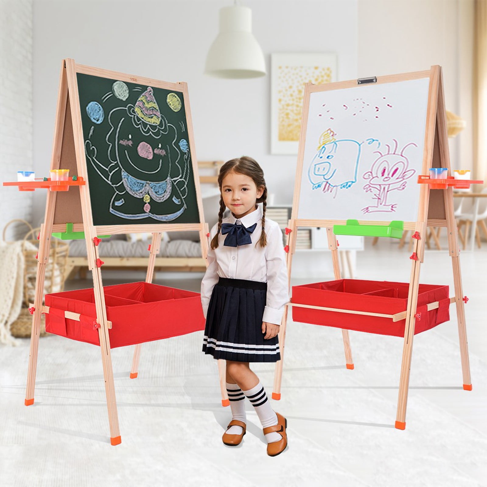3 in 1 Double Sided Wooden Easel with Accessories Height Adjustable and Foldable Painting Drawing Artist Easel Educational Toys for Children Kids Fit for 3-15 Years Old Kids Art Easel A