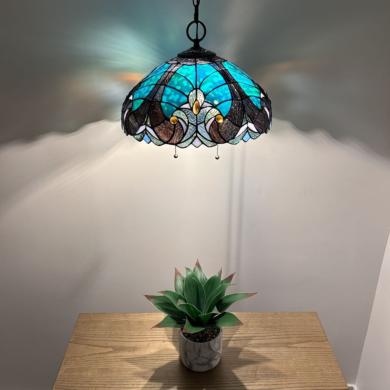 Stained Glass Pendant Lights Fixture Green Brown LED Bulb Included for Dining Room Hotel Restaurant Cafe 16"W*16"D*75"H