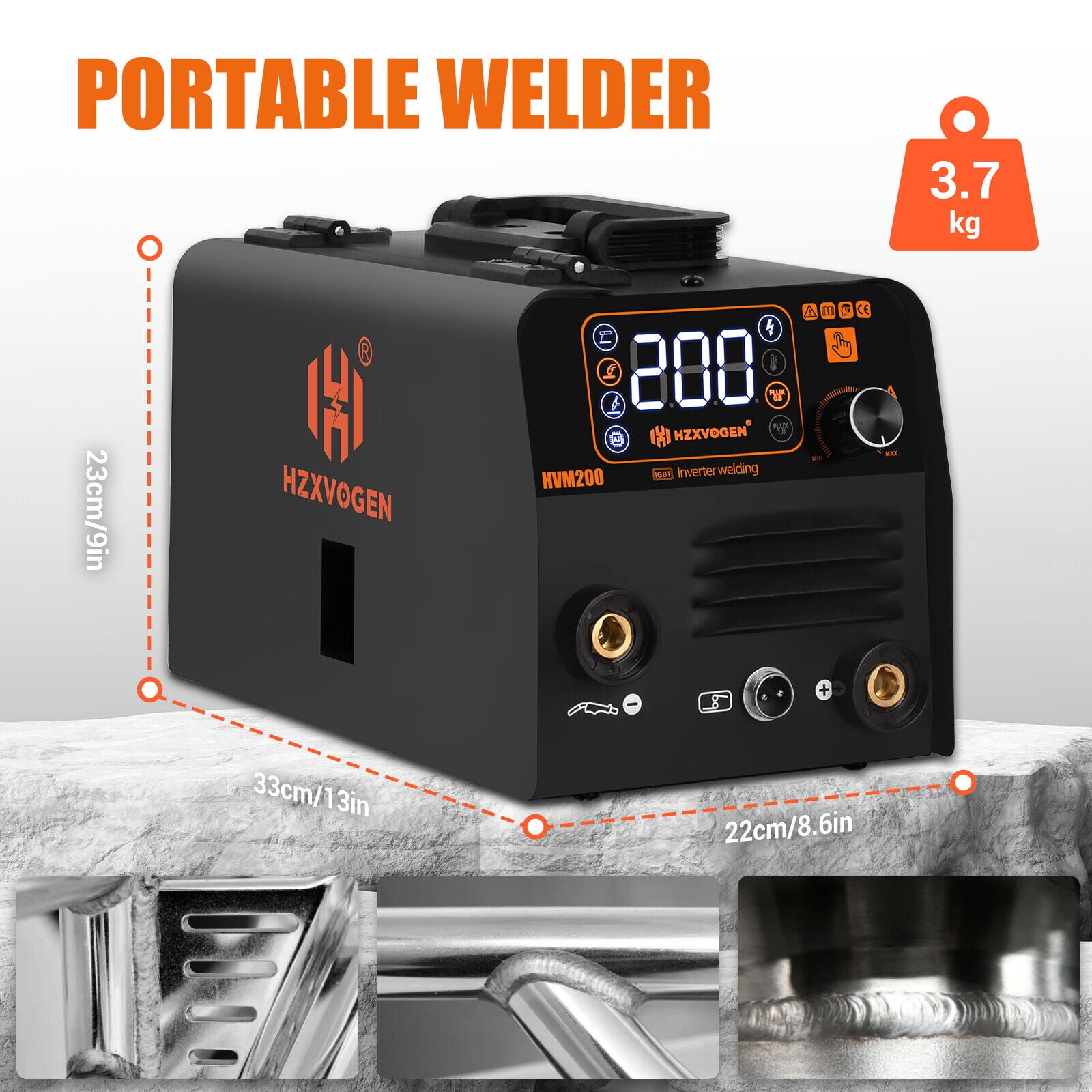 H HZXVOGEN 200A Gasless MIG Welder, 3-in-1 Flux Core/Lift TIG/MMA, 110V Portable IGBT Inverter with Digital Display, HVM200